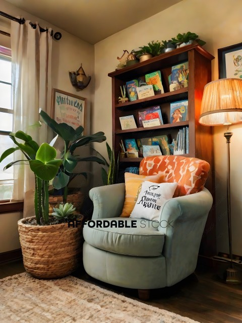 A cozy reading nook with a chair, lamp, and bookshelf