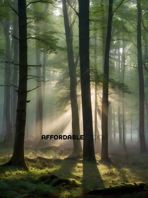 Sunlight shining through trees in a forest