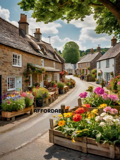 A picturesque village street lined with flower shops and cottages