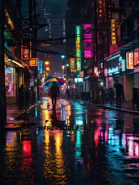A person with a rainbow umbrella walks down a rainy street