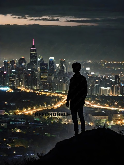 A man standing on a hill overlooking a city at night