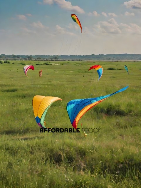 Kites in the sky over a grassy field