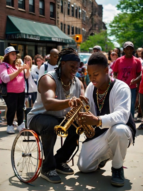 Two men playing a saxophone on the street