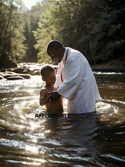 A priest in a white robe is helping a young boy in a river