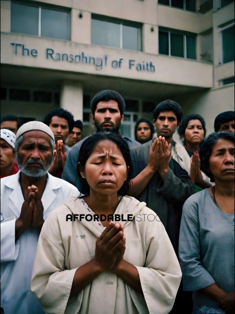 A group of people praying in front of a building