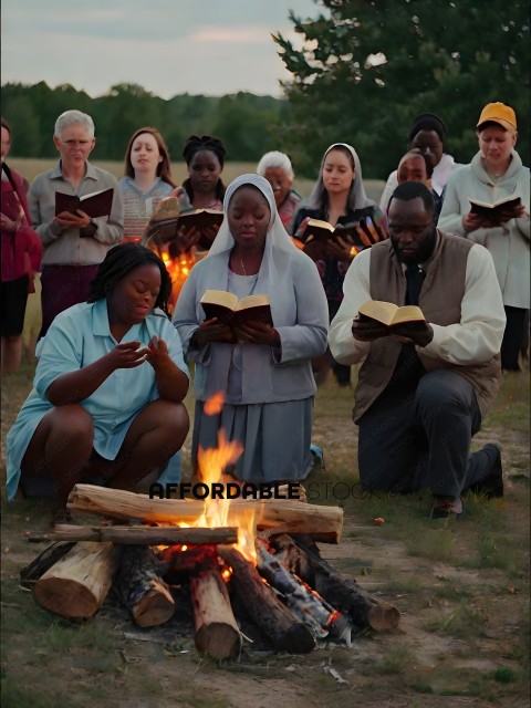 A group of people are gathered around a fire, some are reading from books