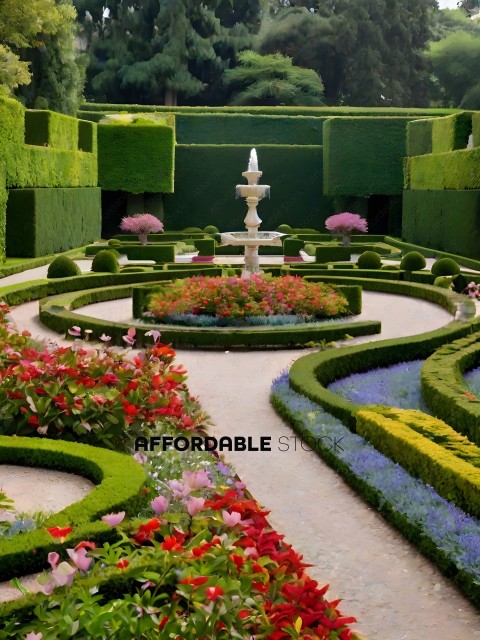 A beautiful garden with a fountain in the middle