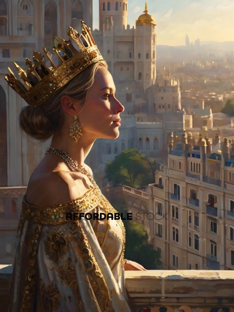 A woman wearing a crown and a gold dress looks out over a city