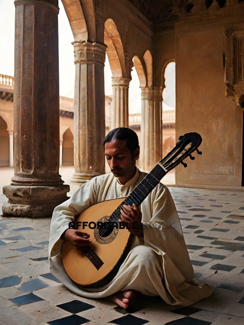 A man in a white robe playing a guitar