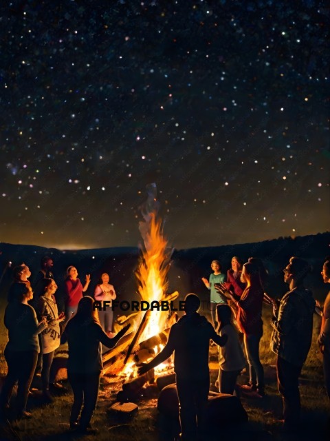 A group of people are gathered around a fire
