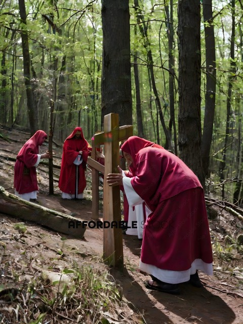 Three people dressed in red robes are standing in a forest