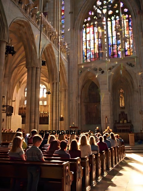 Churchgoers in a large cathedral