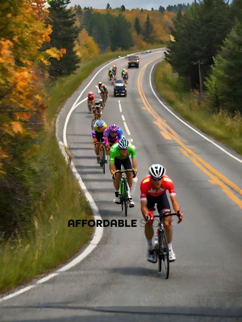Cyclists race down a winding road