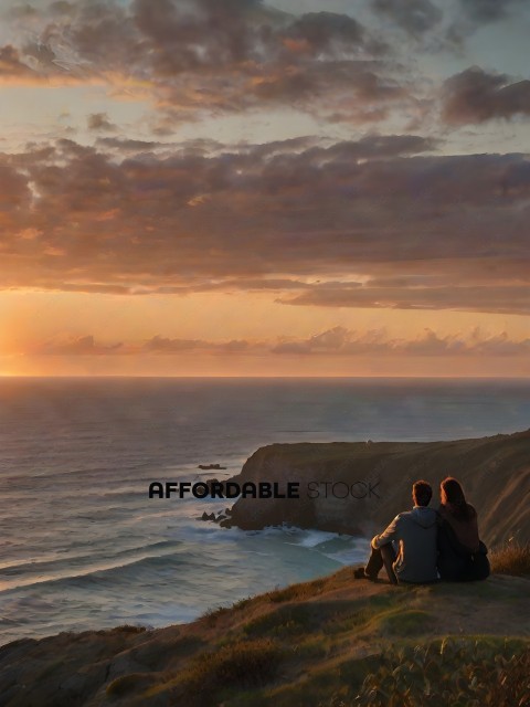 A couple sits on a cliff overlooking the ocean