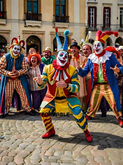 Clowns in colorful costumes perform for a crowd