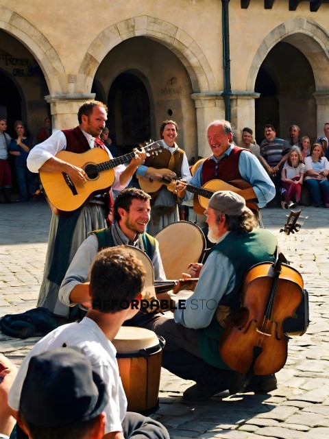 A group of men playing instruments in a public square