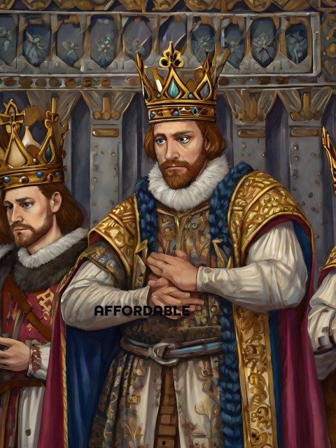 Two men wearing crowns and fancy clothing