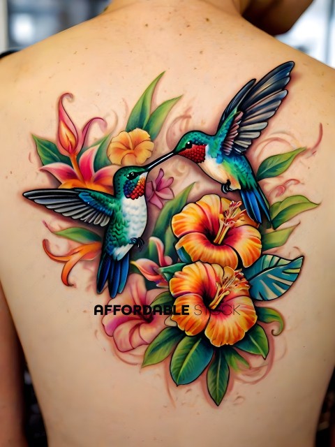 A tattoo of two birds and flowers on a back