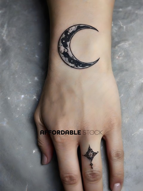 A tattoo of a crescent moon on a person's wrist