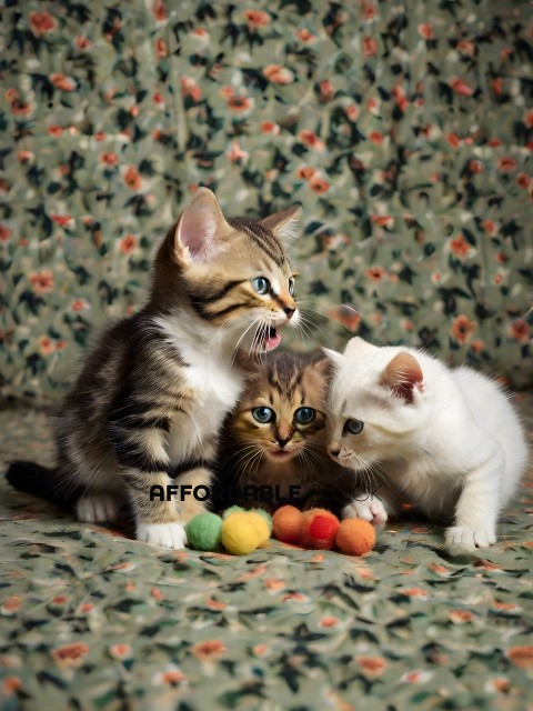 Three Kittens Sitting on a Flowered Fabric