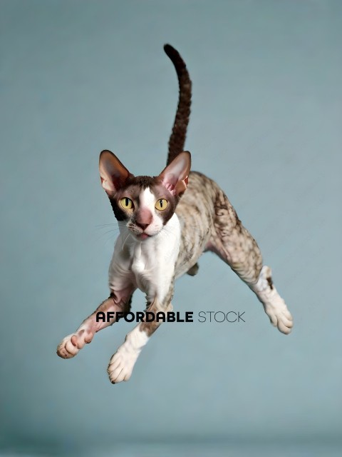 A cat with a long tail is jumping