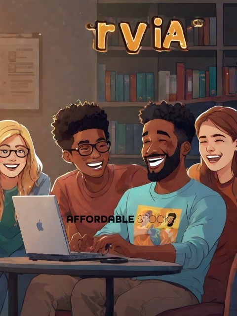 Four friends sitting around a table with a laptop