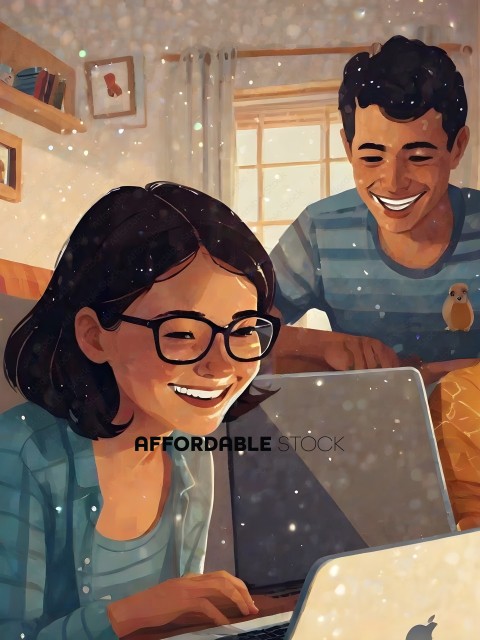 A young man and woman are smiling while using a laptop