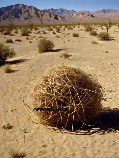 A dry grass ball sits in the desert