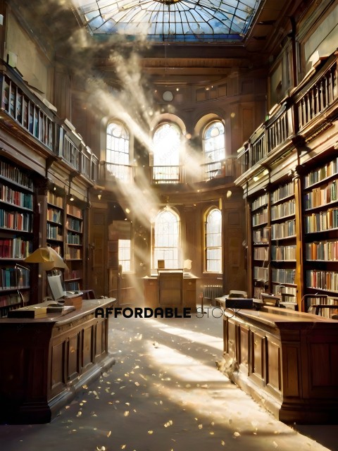 A library with a sunbeam shining through the window