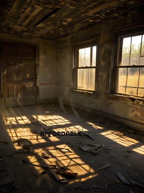 A room with a door and two windows, with a shadow on the floor