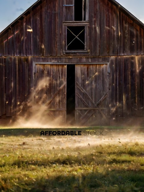 A dusty barn with a door open
