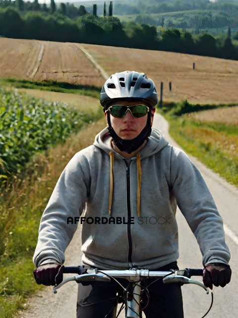 Man wearing a gray hoodie and sunglasses riding a bike