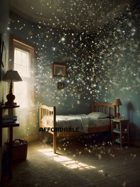 A bedroom with a bed and a lamp with a starry night scene