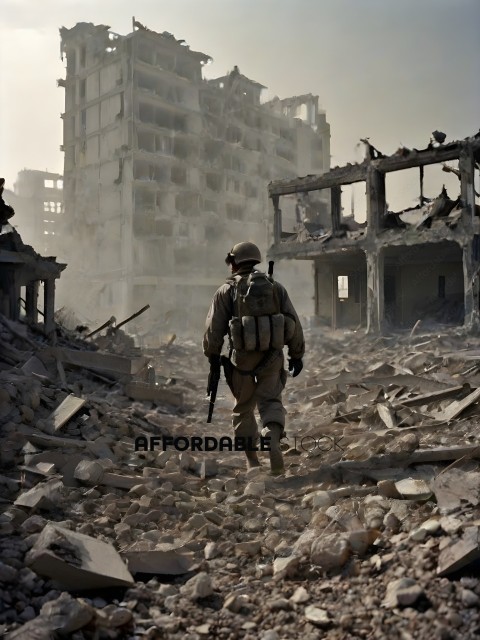 A soldier walks through a destroyed city