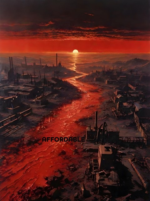 A painting of a city with a red river running through it