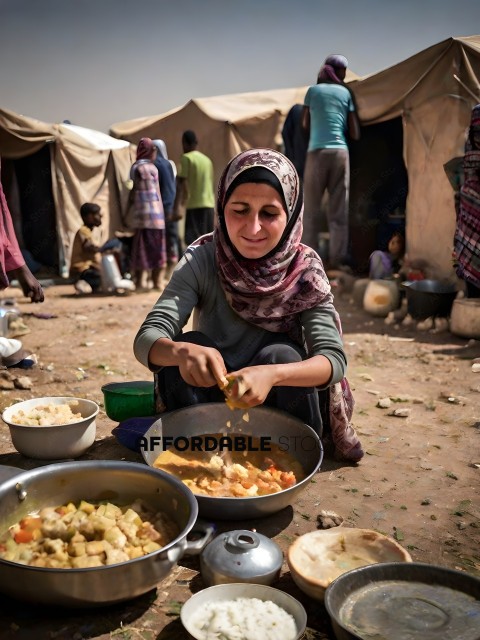 A woman in a scarf prepares food in a camp