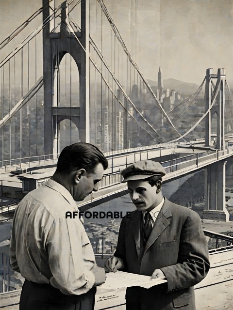 Two men in suits shake hands on a bridge