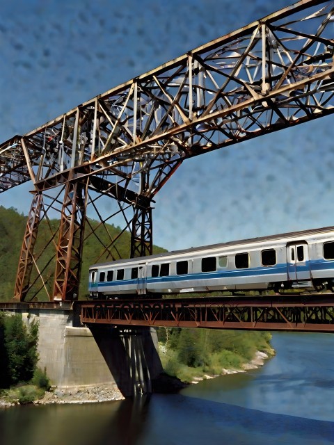 A train on a bridge over a river
