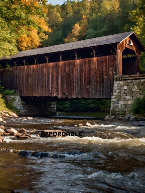 A bridge over a river with a wooden structure