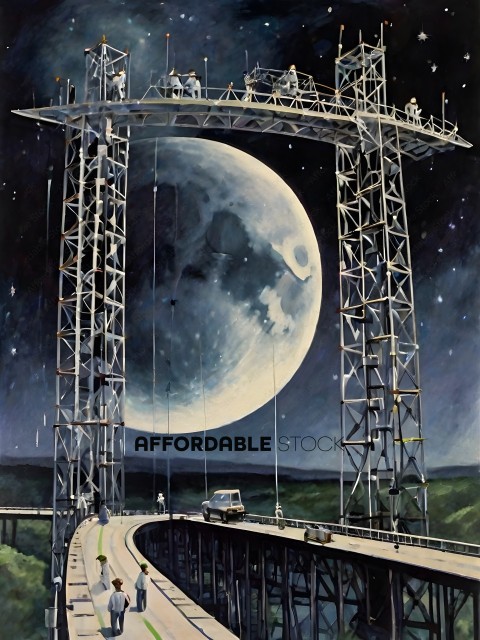 A painting of a bridge with a large moon in the background