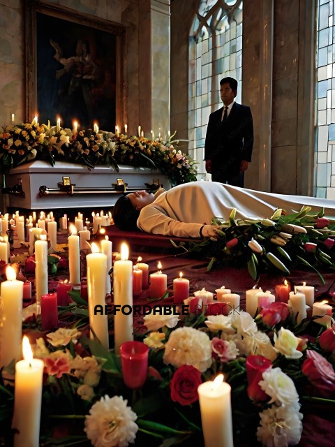 A man in a suit stands over a casket with flowers