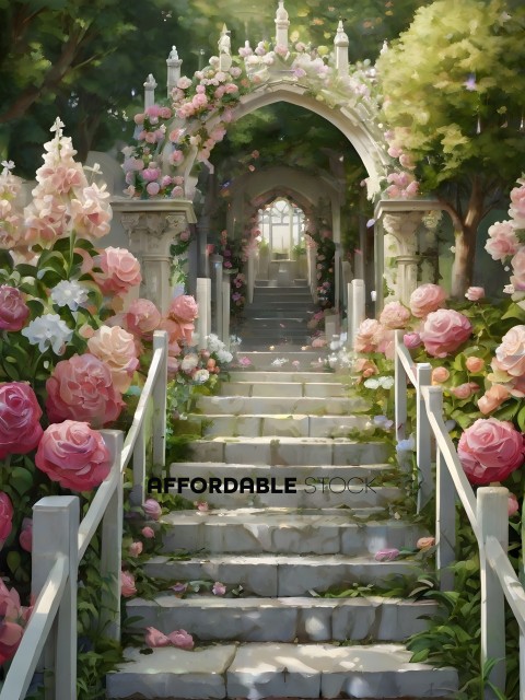 A beautiful painting of a staircase with flowers