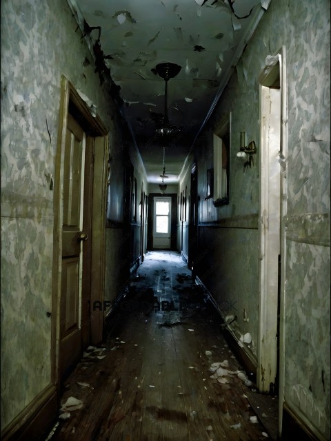 A dark hallway with peeling paint and a broken light fixture