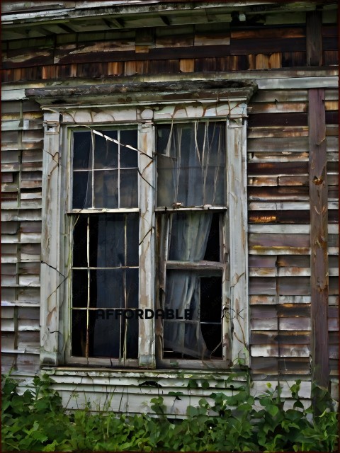 A window with curtains and a broken frame