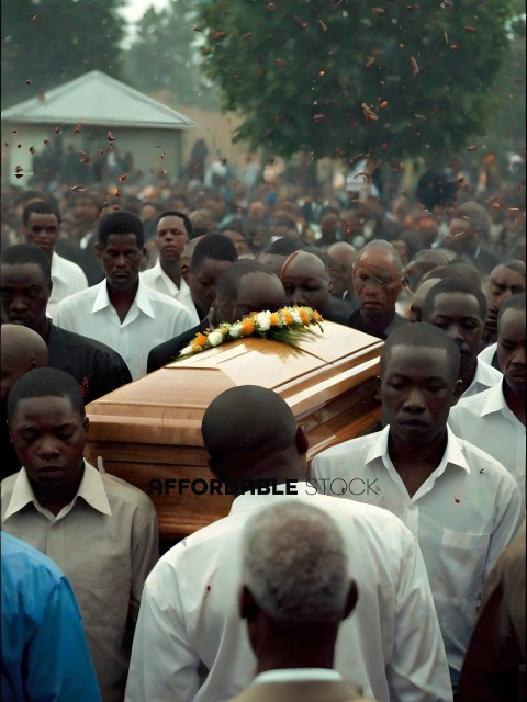 Crowd of people surrounding a casket