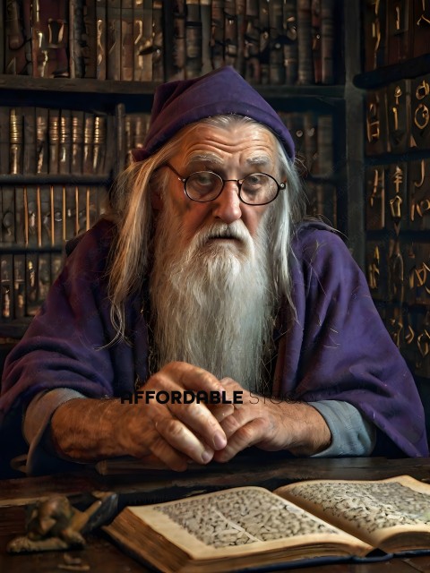 An old man with a long white beard and glasses sitting in front of a bookshelf
