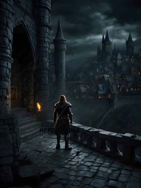 Man standing on a ledge looking at a castle