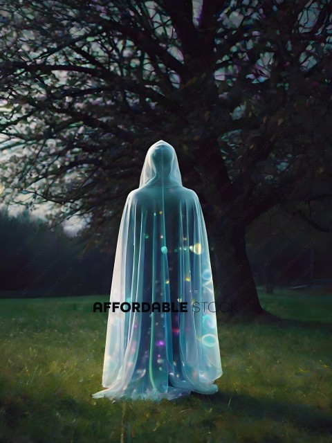 A person wearing a cloak with lights on it