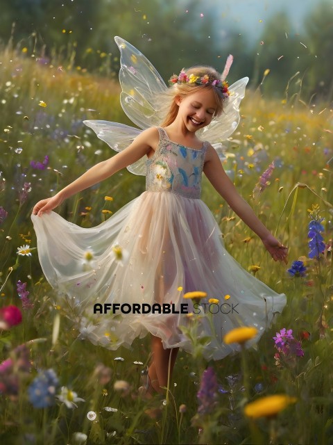 A young girl in a fairy costume is dancing in a field of flowers