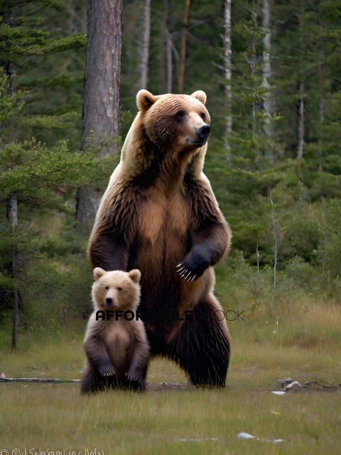 A large brown bear stands next to a smaller bear